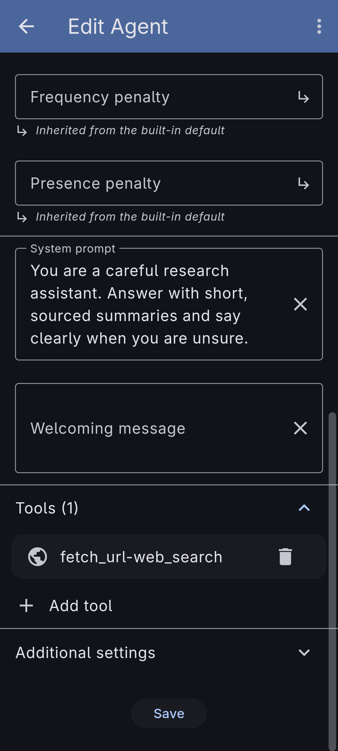 An agent with a fetch tool attached, shown in the agent's Tools section