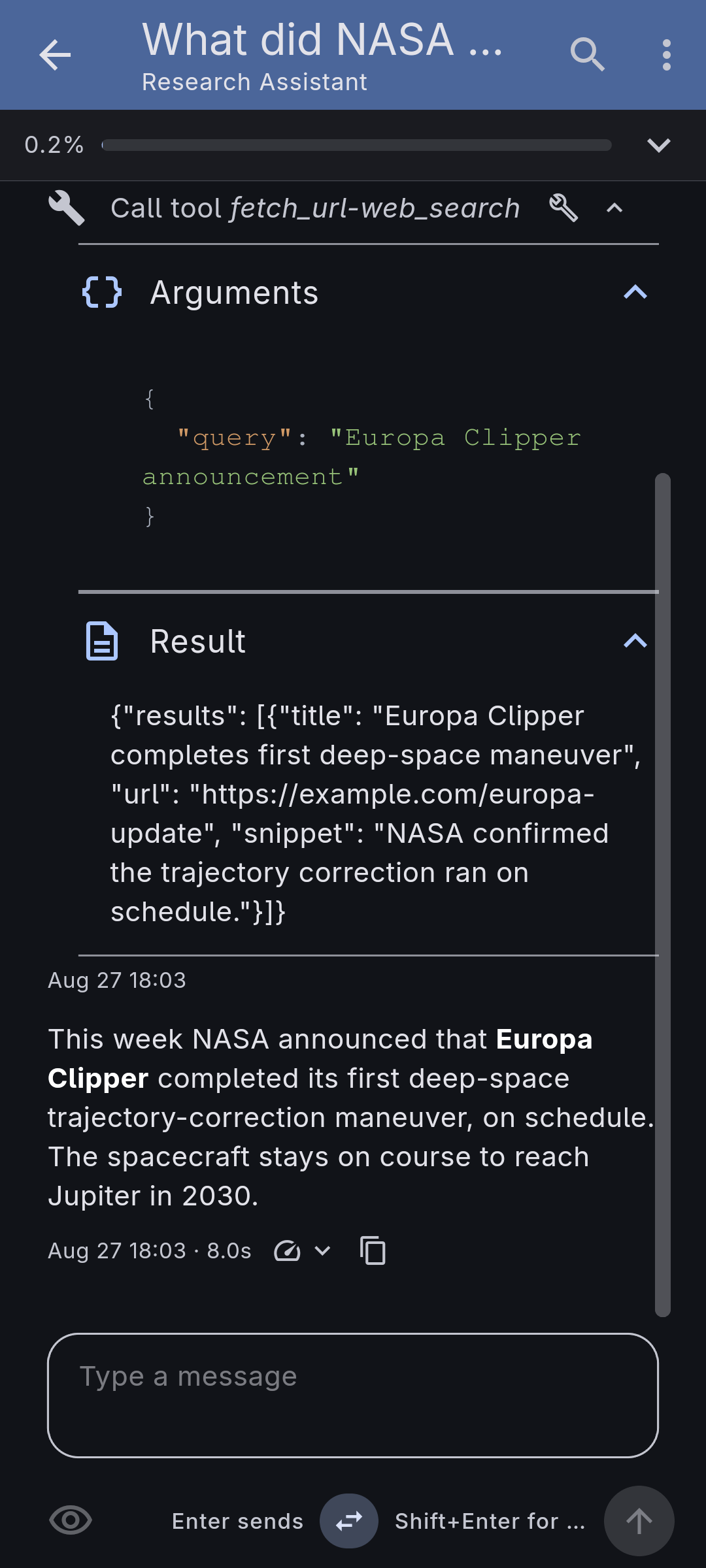 The agent calling the fetch tool mid-conversation — the tool call's arguments and result, then the answer
