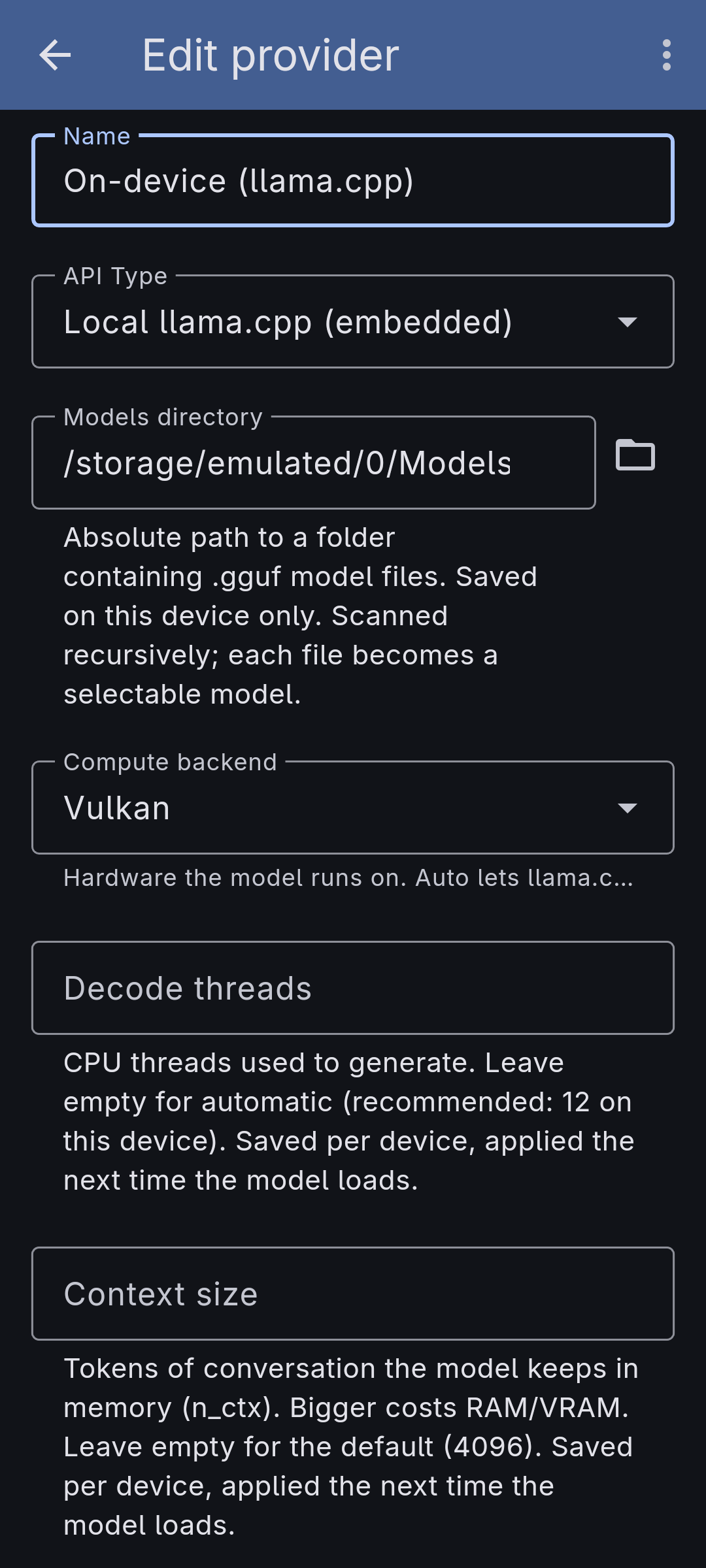 The on-device provider's form — models directory, compute backend, and decode threads, no API key