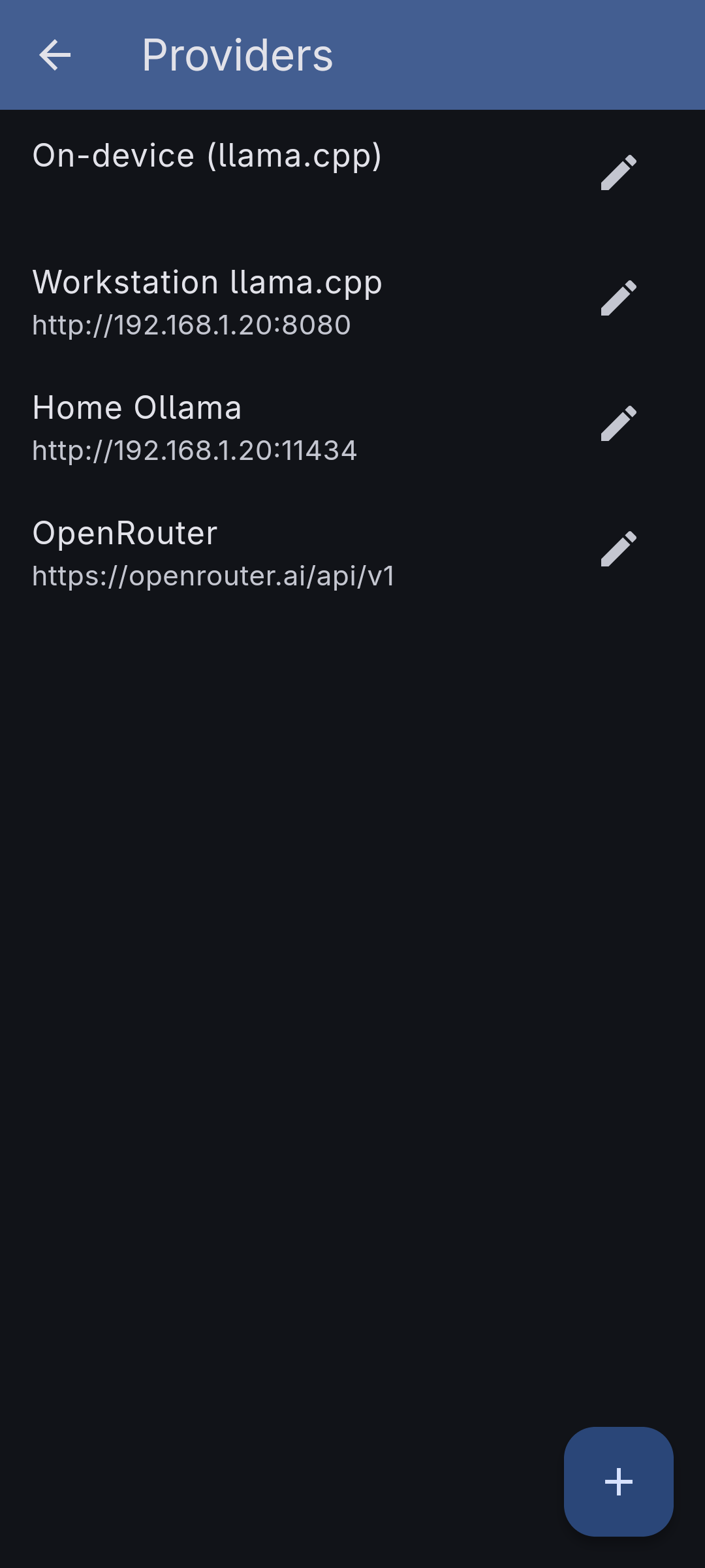 The Providers screen, where each backend is configured