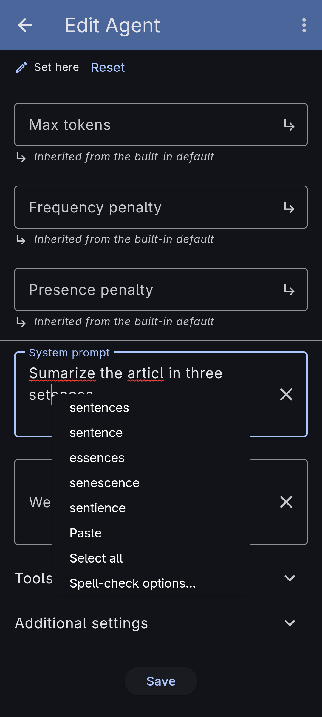 A prompt field with three misspelled words underlined in red; the context menu on the selected word lists replacement suggestions above the usual cut/copy and a "Spell-check options…" entry.